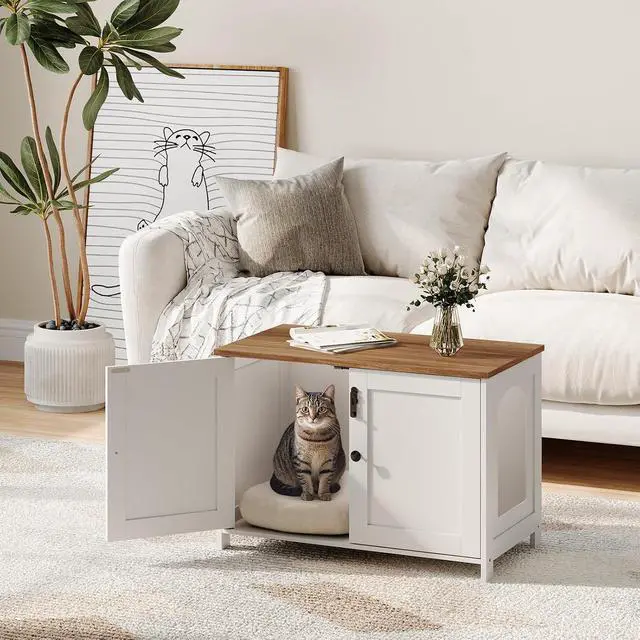 Alt view image 2 of 7 - Litter Box Enclosure, Cat Litter Box Furniture with Removable Divider, Hidden Litter Box Furniture, Wooden Cat House, End Side Table, 31" L x 17.5" W x 19.7" H, White and Walnut WH03MW01G2
