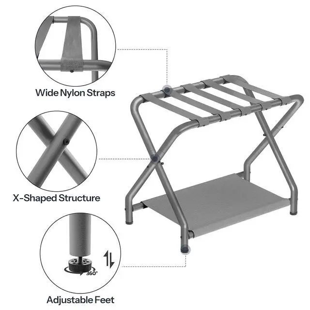 Alt view image 5 of 7 - Luggage Rack, Pack of 2, Folding Suitcase Stand with Fabric Storage Shelf for Guest Room, Bedroom, Hotel, Holds up to 100 lb, 27 x 15.3 x 22 Inches, Space Saving, Gray GY04XLP201