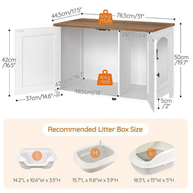 Alt view image 4 of 7 - Litter Box Enclosure, Cat Litter Box Furniture with Removable Divider, Hidden Litter Box Furniture, Wooden Cat House, End Side Table, 31" L x 17.5" W x 19.7" H, White and Walnut WH03MW01G2