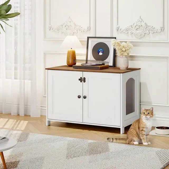 Alt view image 3 of 7 - Litter Box Enclosure, Cat Litter Box Furniture with Removable Divider, Hidden Litter Box Furniture, Wooden Cat House, End Side Table, 31" L x 17.5" W x 19.7" H, White and Walnut WH03MW01G2