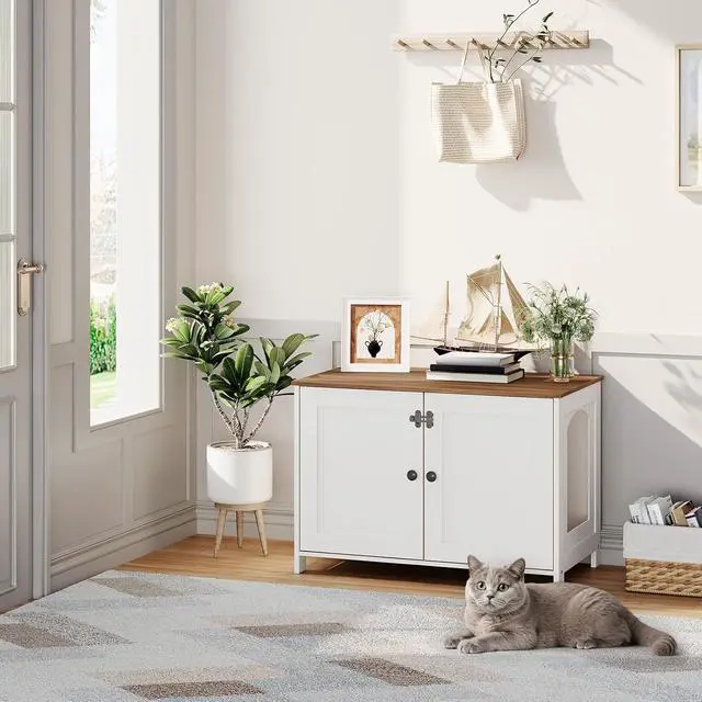 Alt view image 5 of 7 - Litter Box Enclosure, Cat Litter Box Furniture with Removable Divider, Hidden Litter Box Furniture, Wooden Cat House, End Side Table, 31" L x 17.5" W x 19.7" H, White and Walnut WH03MW01G2