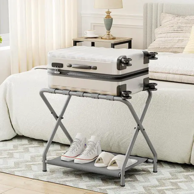 Alt view image 7 of 7 - Luggage Rack, Pack of 2, Folding Suitcase Stand with Fabric Storage Shelf for Guest Room, Bedroom, Hotel, Holds up to 100 lb, 27 x 15.3 x 22 Inches, Space Saving, Gray GY04XLP201