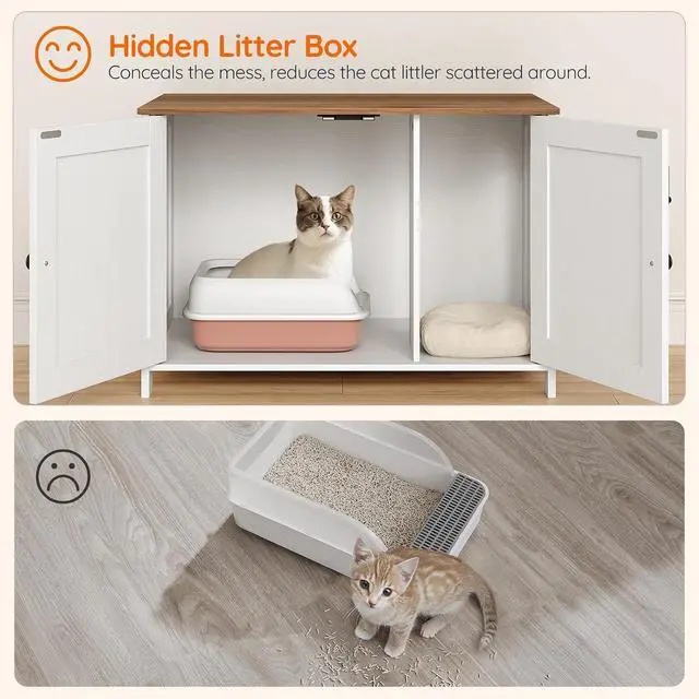 Alt view image 6 of 7 - Litter Box Enclosure, Cat Litter Box Furniture with Removable Divider, Hidden Litter Box Furniture, Wooden Cat House, End Side Table, 31" L x 17.5" W x 19.7" H, White and Walnut WH03MW01G2