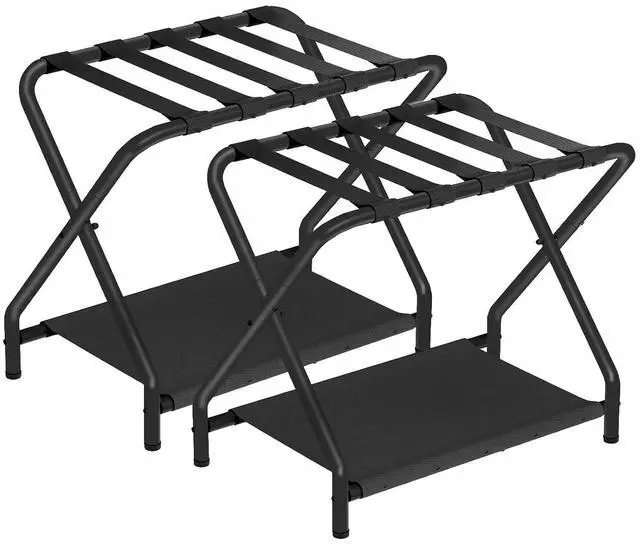 Main image of Luggage Rack, Pack of 2, Folding Suitcase Stand with Fabric Storage Shelf for Guest Room, Bedroom, Hotel, Holds up to 100 lb, 27 x 15.3 x 22 Inches, Space Saving, Black BK04XLP201
