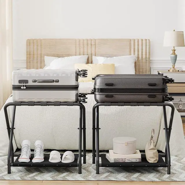 Alt view image 2 of 7 - Luggage Rack, Pack of 2, Folding Suitcase Stand with Fabric Storage Shelf for Guest Room, Bedroom, Hotel, Holds up to 100 lb, 27 x 15.3 x 22 Inches, Space Saving, Black BK04XLP201
