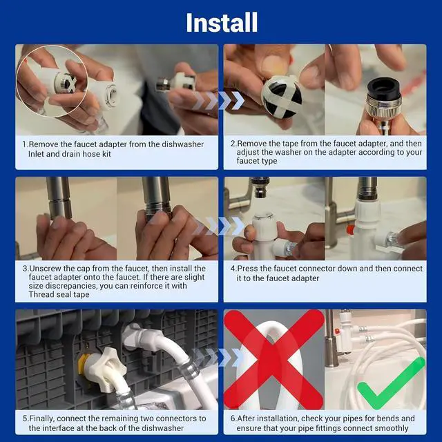 Alt view image 5 of 7 - 6FT Countertop dishwasher inlet and drain hose kit, compatible with all major brands, includes faucet adapter