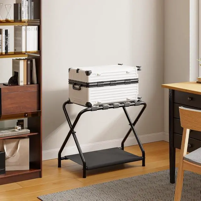 Alt view image 4 of 7 - Luggage Rack, Pack of 2, Folding Suitcase Stand with Fabric Storage Shelf for Guest Room, Bedroom, Hotel, Holds up to 100 lb, 27 x 15.3 x 22 Inches, Space Saving, Black BK04XLP201