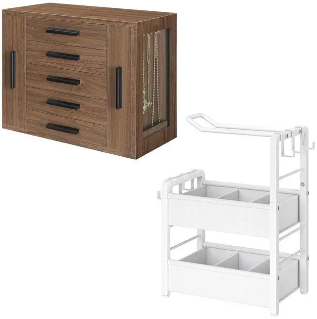 Main image of 5-Tier Jewelry Box, Wooden Jewelry Organizer with Transparent Windows and Headband Holder for Girls Women, Hair Accessories Organizer Bundle, BH19JB04-WW02HS04