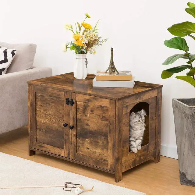 Alt view image 2 of 7 - Litter Box Enclosure, Cat Litter Box Furniture with Removable Divider, Large Hidden Litter Box Furniture, Wooden Cat House, End Side Table, 31" L x 17.5" W x 19.7" H Rustic Brown BF03MW01G2