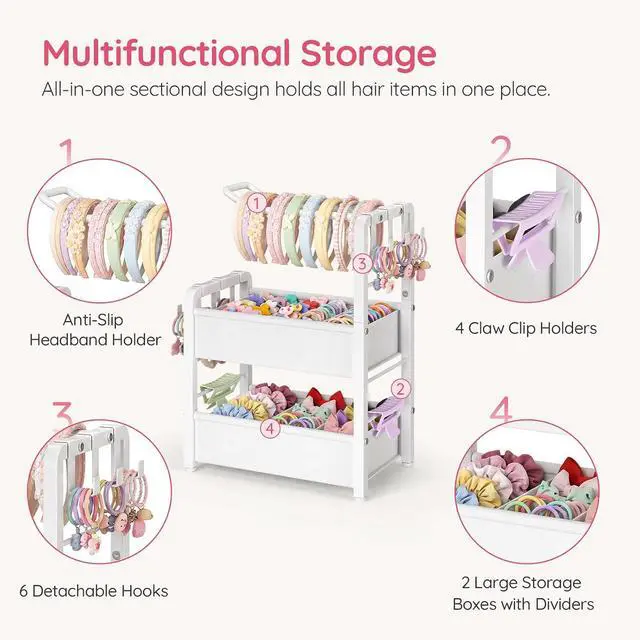 Alt view image 3 of 7 - Headband Holder Stand for Girls Women, Hair Accessories Organizer | Hairband Holder with 6 Flexible Hooks & Removable Dividers, Headband Storage Organizer for Scrunchies, Claw Clips, Hair Ties