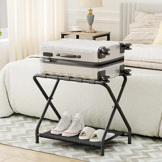 Alt view image 5 of 7 - Luggage Rack, Pack of 2, Folding Suitcase Stand with Fabric Storage Shelf for Guest Room, Bedroom, Hotel, Holds up to 100 lb, 27 x 15.3 x 22 Inches, Space Saving, Black BK04XLP201