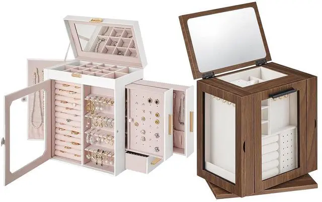Main image of Jewelry Box with Mirror, Travel Jewelry Organizer with Glass Window and 360° Rotating Jewelry Box with Mirror, Jewelry Organizer with 4 Drawers Bundle, WT03JB04G2-BH31JB04