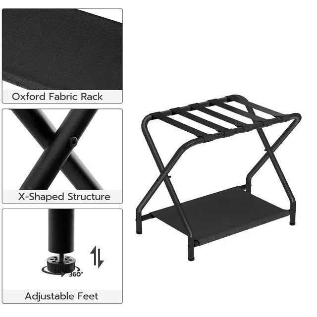 Alt view image 6 of 7 - Luggage Rack, Pack of 2, Folding Suitcase Stand with Fabric Storage Shelf for Guest Room, Bedroom, Hotel, Holds up to 100 lb, 27 x 15.3 x 22 Inches, Space Saving, Black BK04XLP201