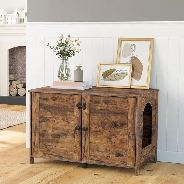 Alt view image 3 of 7 - Litter Box Enclosure, Cat Litter Box Furniture with Removable Divider, Large Hidden Litter Box Furniture, Wooden Cat House, End Side Table, 31" L x 17.5" W x 19.7" H Rustic Brown BF03MW01G2