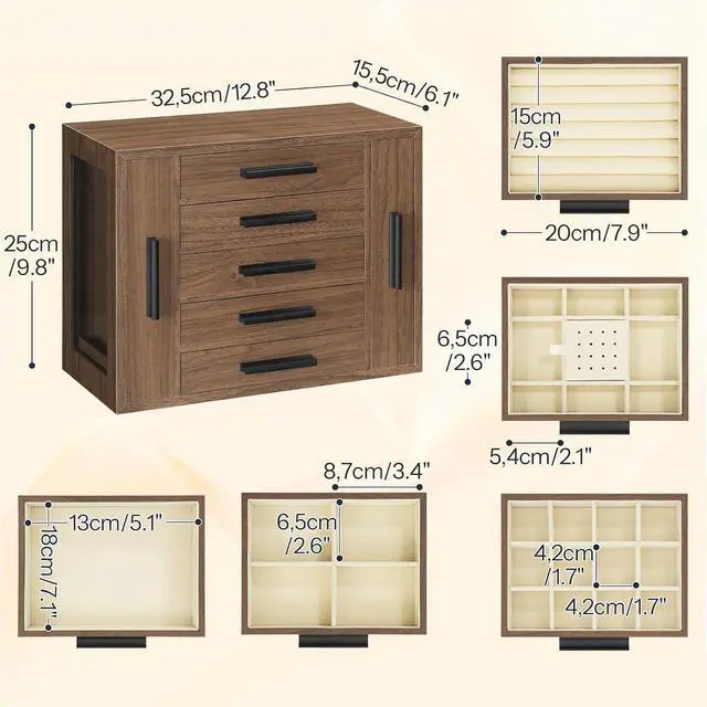 Alt view image 5 of 7 - 5-Tier Jewelry Box, Wooden Jewelry Organizer and Headband Holder Stand for Girls Women, Hair Accessories Organizer Bundle, BH19JB04-WW01HS04