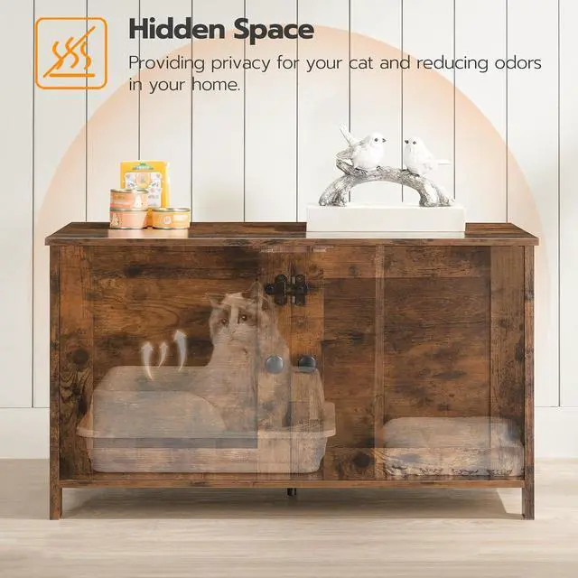 Alt view image 5 of 7 - Litter Box Enclosure, Cat Litter Box Furniture with Removable Divider, Large Hidden Litter Box Furniture, Wooden Cat House, End Side Table, 31" L x 17.5" W x 19.7" H Rustic Brown BF03MW01G2