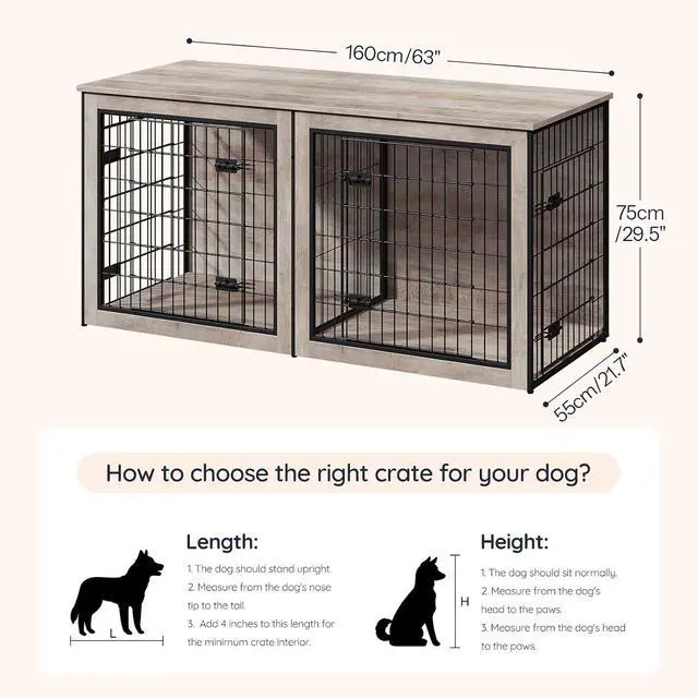 Alt view image 2 of 7 - Dog Crate Furniture for 2 Dogs, 63" Large Double Dog Crate Furniture with Divider, Wooden Indoor Kennel TV Stand for Medium Large Dogs, Greige and Black BG55GW03