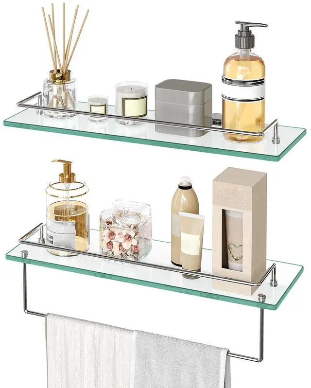 Main image of Glass Shelves for Bathroom, 15.7 Inch Floating Glass Shelf for Wall, Set of 2 Tempered Stainless Steel Wall Mounted Stand for Toilet, Room Decor, Silver SV02BJ01