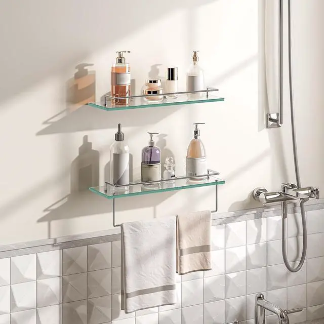 Alt view image 2 of 7 - Glass Shelves for Bathroom, 15.7 Inch Floating Glass Shelf for Wall, Set of 2 Tempered Stainless Steel Wall Mounted Stand for Toilet, Room Decor, Silver SV02BJ01
