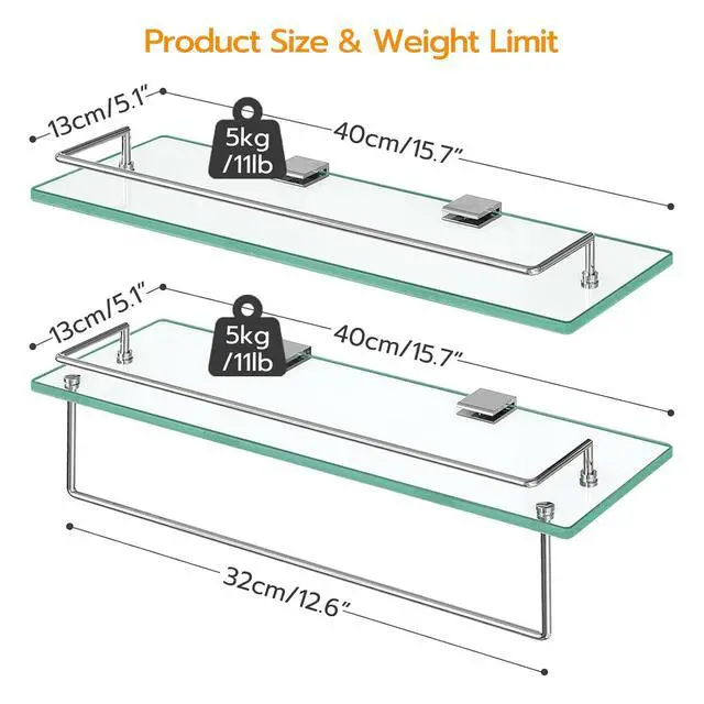 Alt view image 3 of 7 - Glass Shelves for Bathroom, 15.7 Inch Floating Glass Shelf for Wall, Set of 2 Tempered Stainless Steel Wall Mounted Stand for Toilet, Room Decor, Silver SV02BJ01
