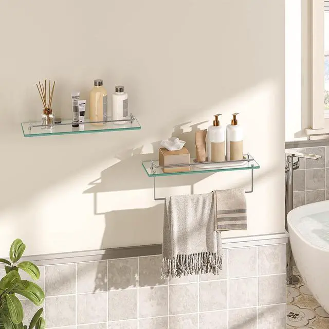 Alt view image 5 of 7 - Glass Shelves for Bathroom, 15.7 Inch Floating Glass Shelf for Wall, Set of 2 Tempered Stainless Steel Wall Mounted Stand for Toilet, Room Decor, Silver SV02BJ01