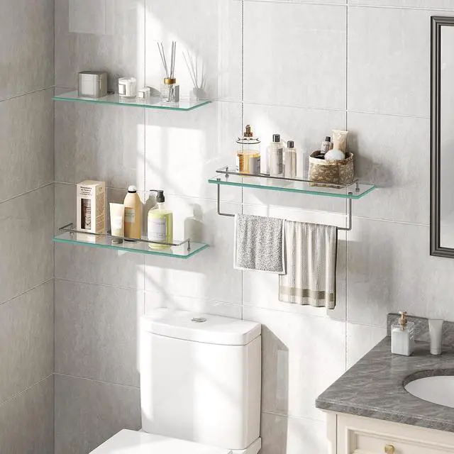 Alt view image 4 of 7 - Glass Shelves for Bathroom, 15.7 Inch Floating Glass Shelf for Wall, Set of 2 Tempered Stainless Steel Wall Mounted Stand for Toilet, Room Decor, Silver SV02BJ01
