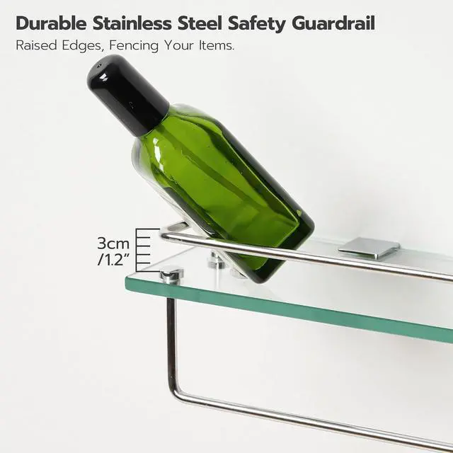 Alt view image 7 of 7 - Glass Shelves for Bathroom, 15.7 Inch Floating Glass Shelf for Wall, Set of 2 Tempered Stainless Steel Wall Mounted Stand for Toilet, Room Decor, Silver SV02BJ01