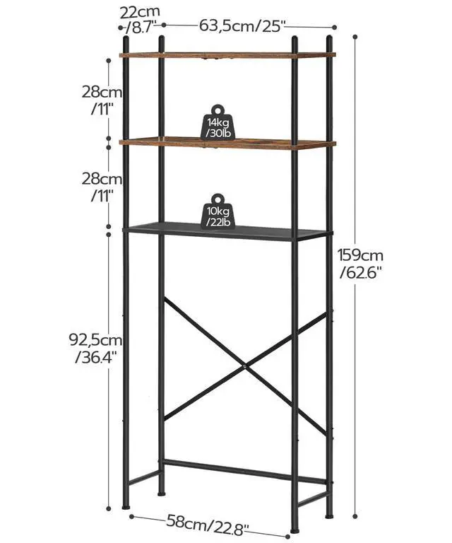 Alt view image 3 of 7 - Over the Toilet Storage, 3-Tier Over Toilet Bathroom Organizer, Freestanding Above Toilet Shelf with Adjustable Feet, Space Saving, Easy Assembly, Rustic Brown and Black BF63TS01