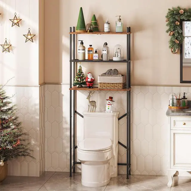 Alt view image 2 of 7 - Over the Toilet Storage, 3-Tier Over Toilet Bathroom Organizer, Freestanding Above Toilet Shelf with Adjustable Feet, Space Saving, Easy Assembly, Rustic Brown and Black BF63TS01