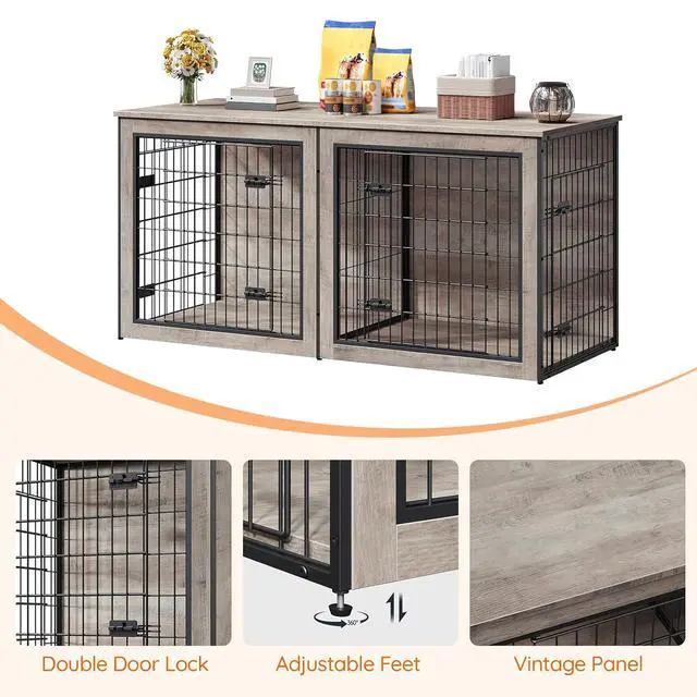 Alt view image 3 of 7 - Dog Crate Furniture for 2 Dogs, 63" Large Double Dog Crate Furniture with Divider, Wooden Indoor Kennel TV Stand for Medium Large Dogs, Greige and Black BG55GW03