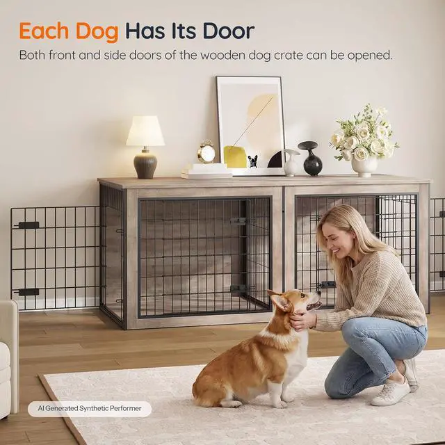 Alt view image 4 of 7 - Dog Crate Furniture for 2 Dogs, 63" Large Double Dog Crate Furniture with Divider, Wooden Indoor Kennel TV Stand for Medium Large Dogs, Greige and Black BG55GW03