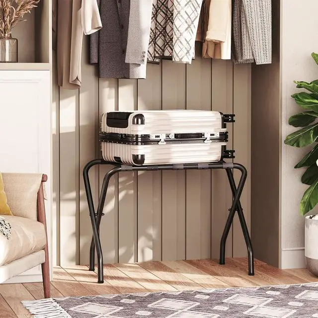 Alt view image 2 of 7 - Luggage Rack, Pack of 2, Metal Foldable Suitcase Stand for Guest Room, Holds up to 100 lb, 27 x 15.3 x 22 Inches, Steel Frame, Nylon Straps, Hotel, Bedroom, Closet, Black BK02XLP201