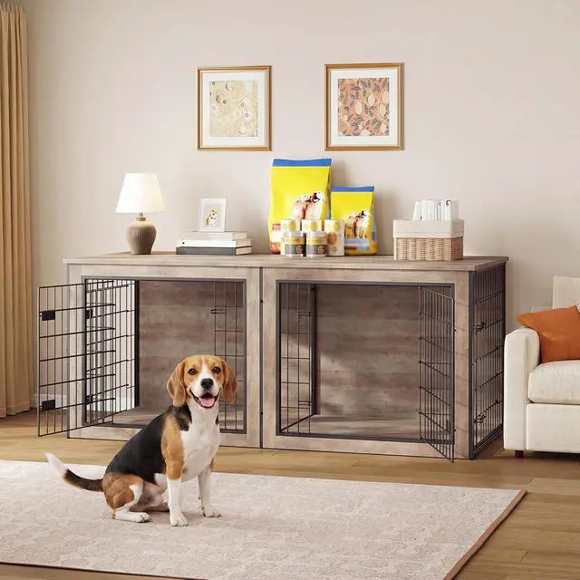 Alt view image 6 of 7 - Dog Crate Furniture for 2 Dogs, 63" Large Double Dog Crate Furniture with Divider, Wooden Indoor Kennel TV Stand for Medium Large Dogs, Greige and Black BG55GW03