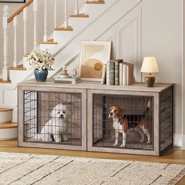 Alt view image 7 of 7 - Dog Crate Furniture for 2 Dogs, 63" Large Double Dog Crate Furniture with Divider, Wooden Indoor Kennel TV Stand for Medium Large Dogs, Greige and Black BG55GW03