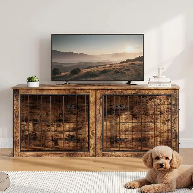 Main image of Dog Crate Furniture for 2 Dogs, 63" Large Double Dog Crate Furniture with Divider, Wooden Indoor Kennel TV Stand for Medium Large Dogs, Rustic Brown BF55GW03