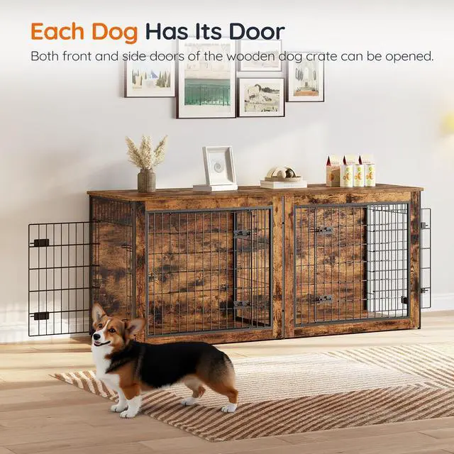 Alt view image 3 of 7 - Dog Crate Furniture for 2 Dogs, 63" Large Double Dog Crate Furniture with Divider, Wooden Indoor Kennel TV Stand for Medium Large Dogs, Rustic Brown BF55GW03