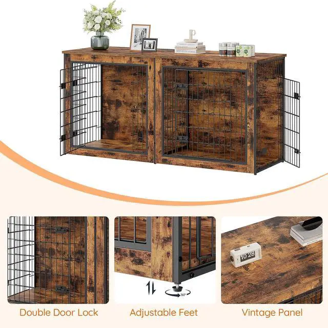 Alt view image 4 of 7 - Dog Crate Furniture for 2 Dogs, 63" Large Double Dog Crate Furniture with Divider, Wooden Indoor Kennel TV Stand for Medium Large Dogs, Rustic Brown BF55GW03