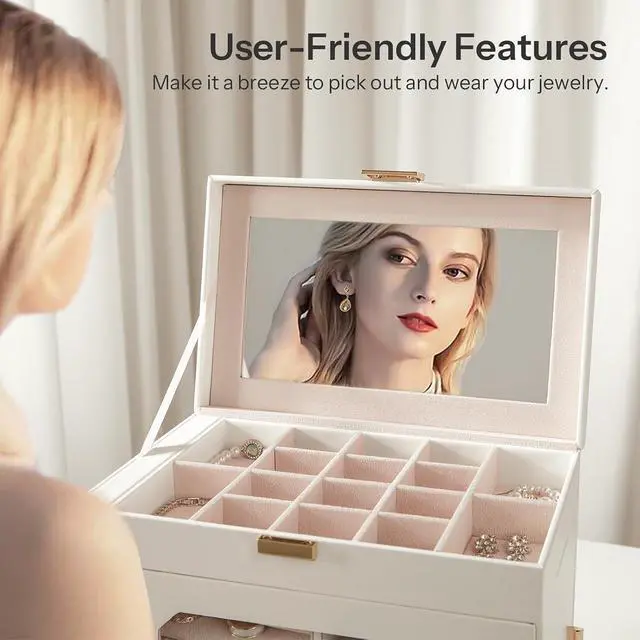 Alt view image 5 of 7 - Jewelry Box with Mirror, Travel Jewelry Organizer with Glass Window, Jewelry Storage Case, Vertical Storage, Gift for Loved Ones, for Earrings, Rings, Necklaces, Bracelets, White WT03JB04G2
