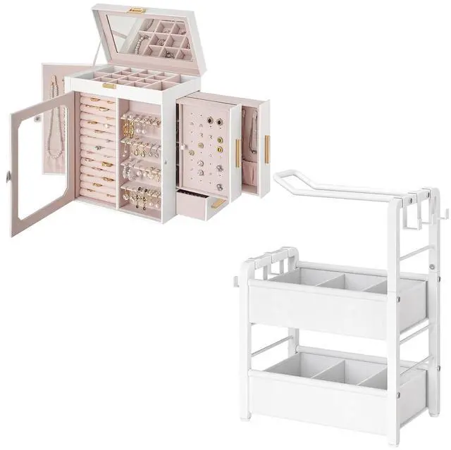 Main image of Jewelry Box with Mirror, Travel Jewelry Organizer with Glass Window and Headband Holder for Girls Women, Hair Accessories Organizer Bundle, WT03JB04G2-WW02HS04