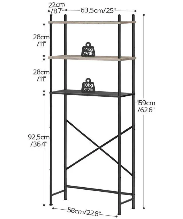 Alt view image 3 of 7 - Over the Toilet Storage, 3-Tier Over Toilet Bathroom Organizer, Freestanding Above Toilet Shelf with Adjustable Feet, Space Saving, Easy Assembly, Greige and Black BG63TS01