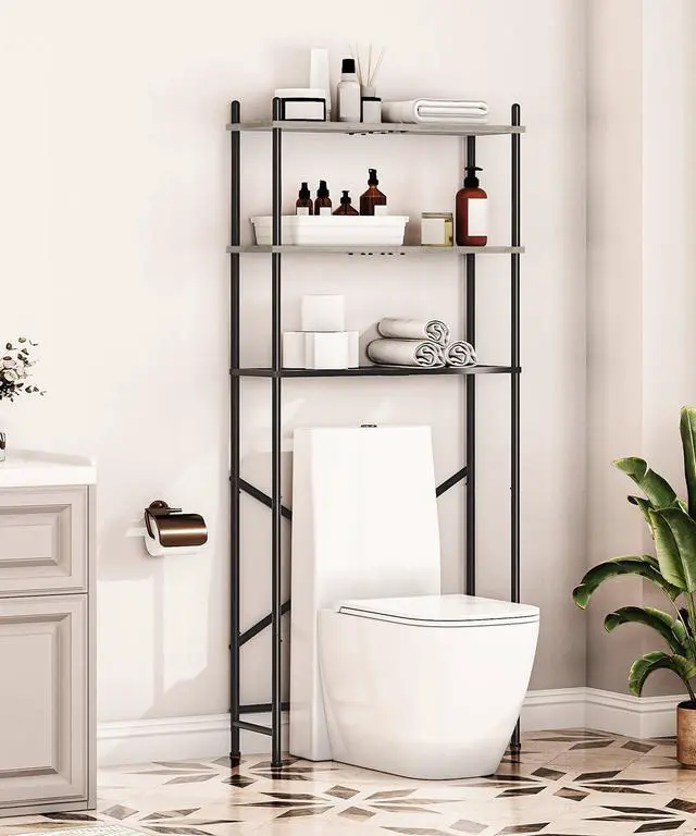 Alt view image 2 of 7 - Over the Toilet Storage, 3-Tier Over Toilet Bathroom Organizer, Freestanding Above Toilet Shelf with Adjustable Feet, Space Saving, Easy Assembly, Greige and Black BG63TS01