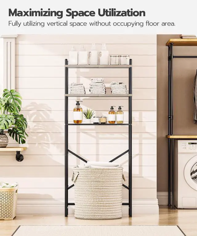 Alt view image 5 of 7 - Over the Toilet Storage, 3-Tier Over Toilet Bathroom Organizer, Freestanding Above Toilet Shelf with Adjustable Feet, Space Saving, Easy Assembly, Greige and Black BG63TS01