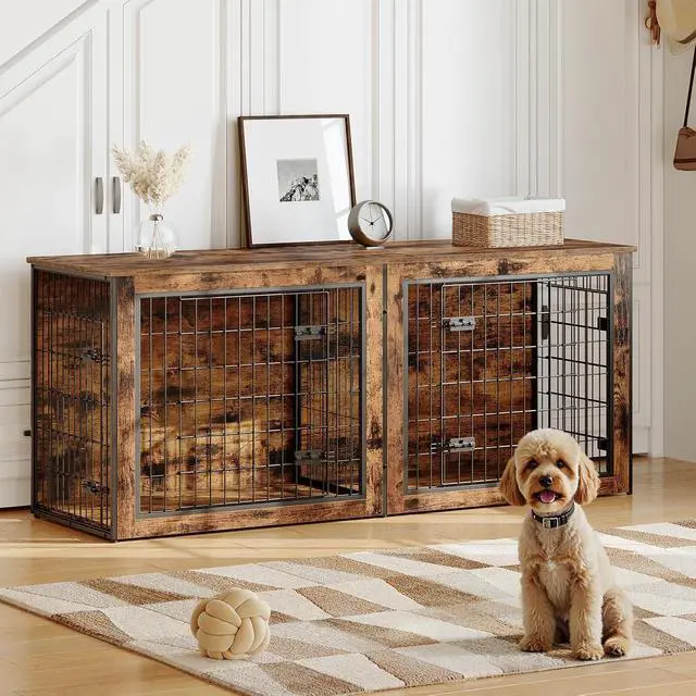 Alt view image 6 of 7 - Dog Crate Furniture for 2 Dogs, 63" Large Double Dog Crate Furniture with Divider, Wooden Indoor Kennel TV Stand for Medium Large Dogs, Rustic Brown BF55GW03