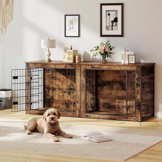 Alt view image 7 of 7 - Dog Crate Furniture for 2 Dogs, 63" Large Double Dog Crate Furniture with Divider, Wooden Indoor Kennel TV Stand for Medium Large Dogs, Rustic Brown BF55GW03