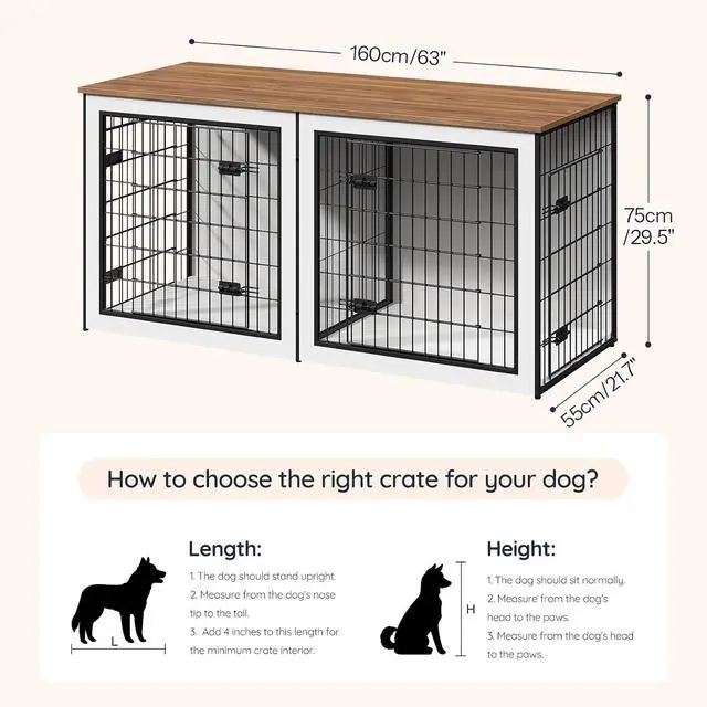 Alt view image 2 of 7 - Dog Crate Furniture for 2 Dogs, 63" Large Double Dog Crate Furniture with Divider, Wooden Indoor Kennel TV Stand for Medium Large Dogs, White and Walnut WH55GW03