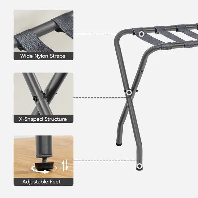 Alt view image 5 of 7 - Luggage Rack, Metal Foldable Suitcase Stand for Guest Room, Holds up to 100 lb, 27 x 15.3 x 22 Inches, Steel Frame, Nylon Straps, Hotel, Bedroom, Closet, Gray GY02XL01