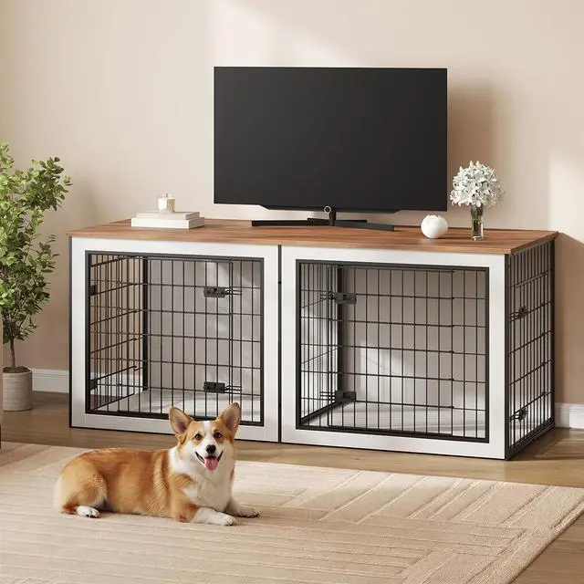 Main image of Dog Crate Furniture for 2 Dogs, 63" Large Double Dog Crate Furniture with Divider, Wooden Indoor Kennel TV Stand for Medium Large Dogs, White and Walnut WH55GW03