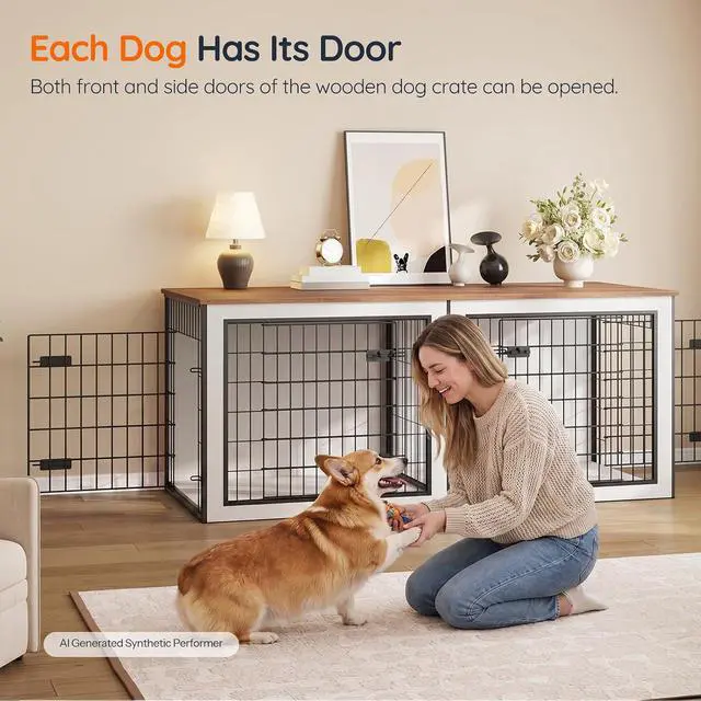 Alt view image 3 of 7 - Dog Crate Furniture for 2 Dogs, 63" Large Double Dog Crate Furniture with Divider, Wooden Indoor Kennel TV Stand for Medium Large Dogs, White and Walnut WH55GW03