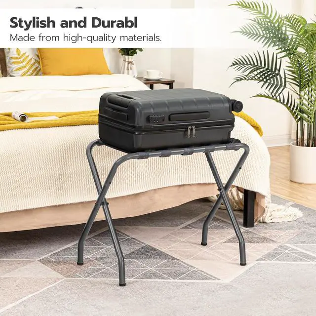 Alt view image 6 of 7 - Luggage Rack, Metal Foldable Suitcase Stand for Guest Room, Holds up to 100 lb, 27 x 15.3 x 22 Inches, Steel Frame, Nylon Straps, Hotel, Bedroom, Closet, Gray GY02XL01
