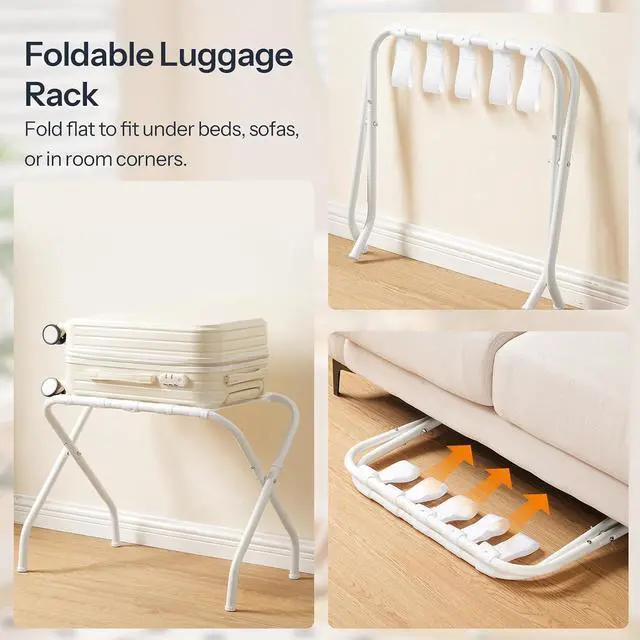 Alt view image 6 of 7 - Luggage Rack, Metal Foldable Suitcase Stand for Guest Room, Holds up to 100 lb, 27 x 15.3 x 22 Inches, Steel Frame, Nylon Straps, Hotel, Bedroom, Closet, White WT02XL01